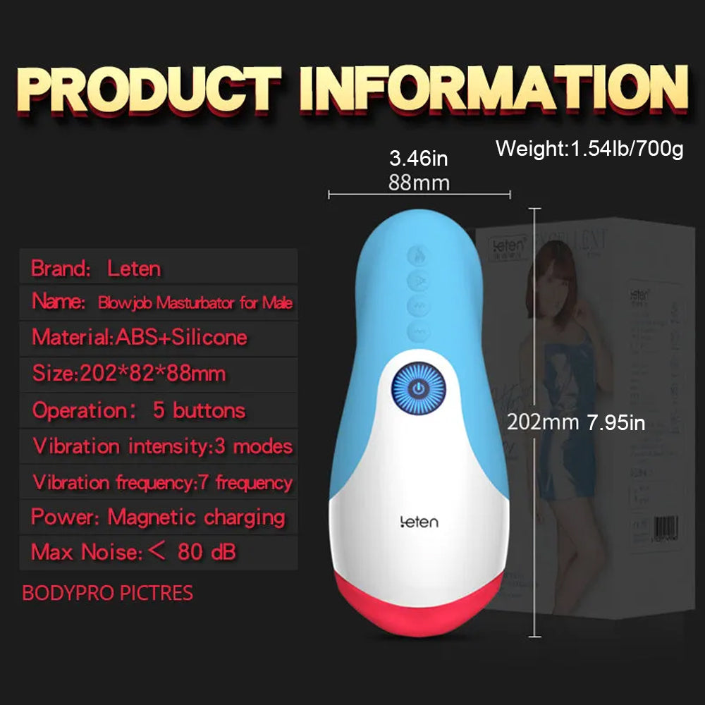 Leten 10 Vibrating Male Stroker Smart Warmer Tongue Licking Blowjob Toy