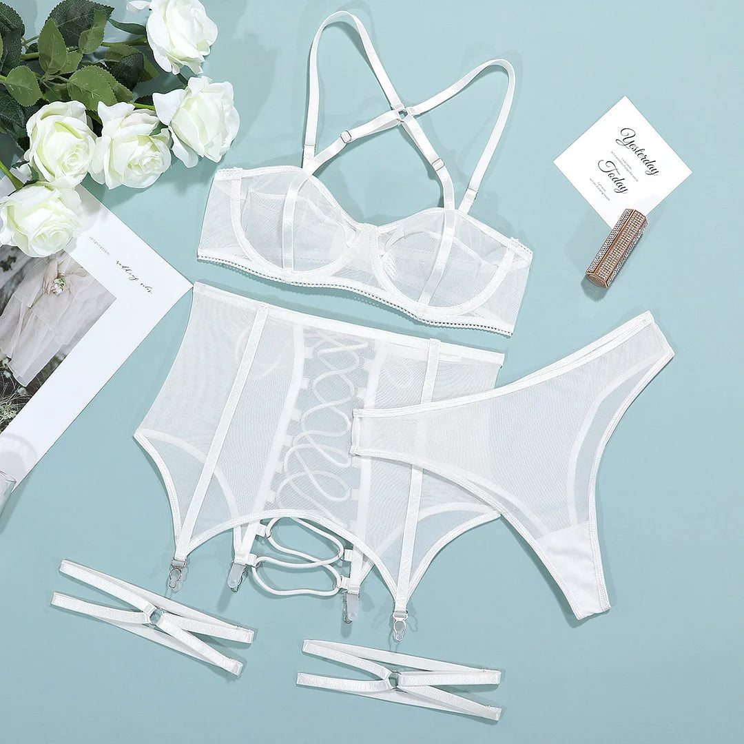 Sexy Underwear Cross Tie Hollow Out Three Piece Set