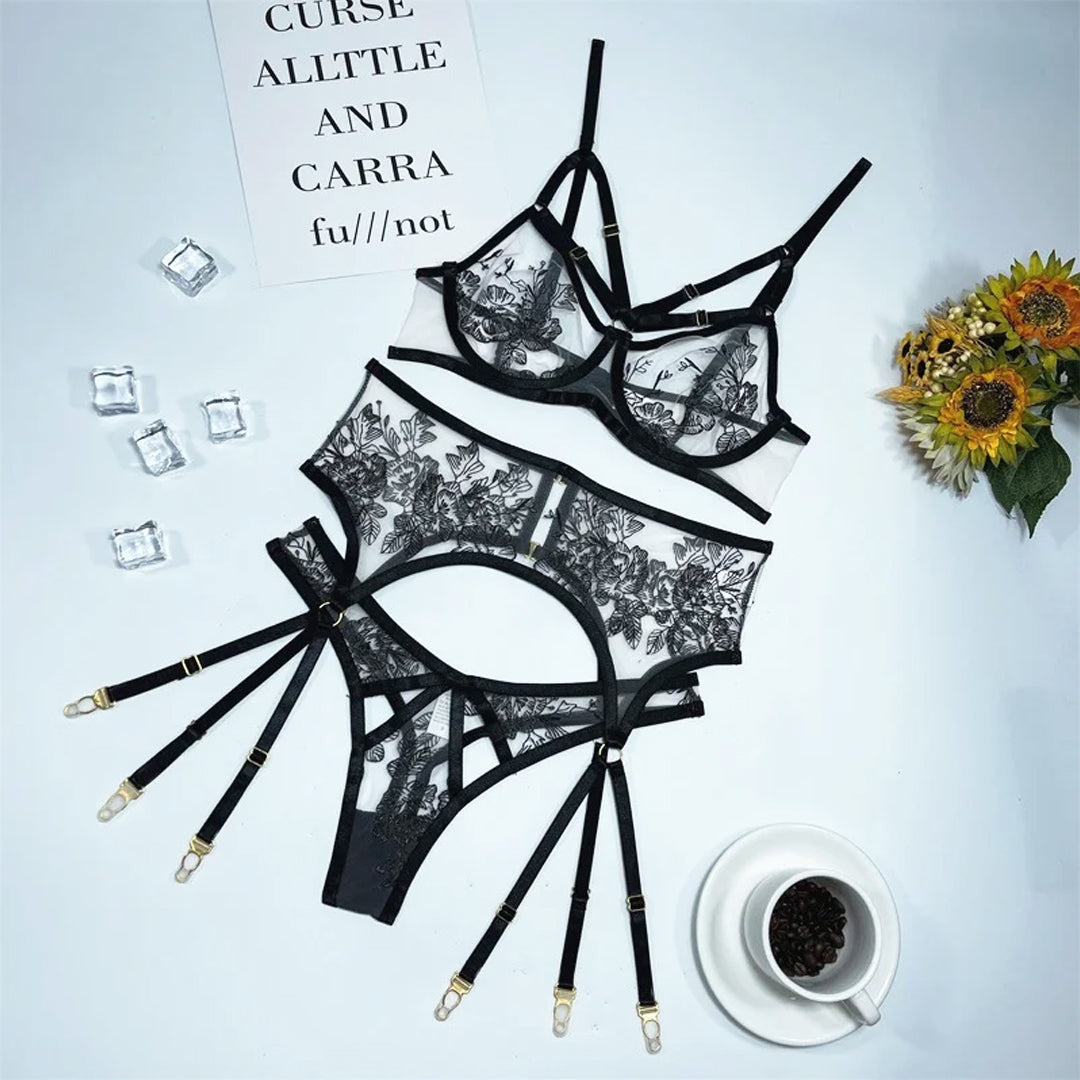 Lace Embroidery Black Sex Lingerie Set