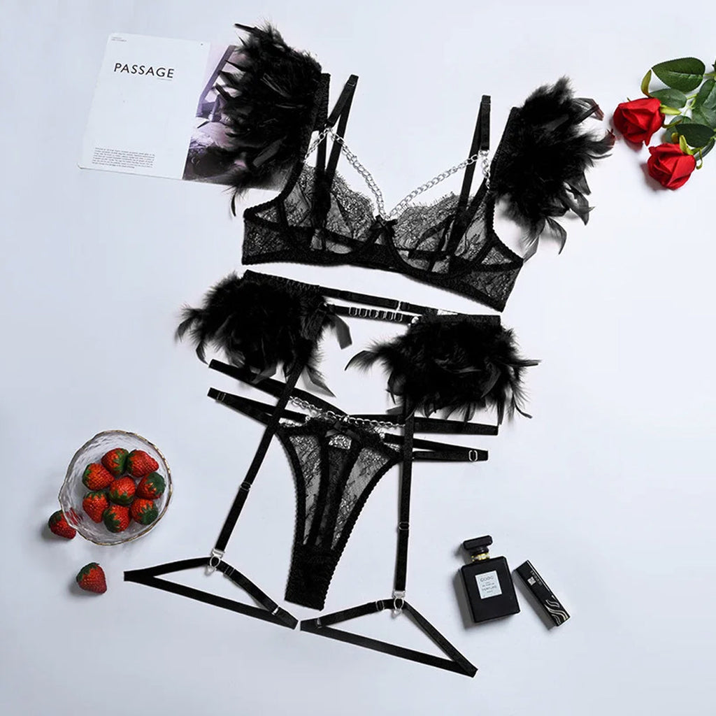 Night Angel Feather Lace Ultra-thin Sexy Lingerie Suit