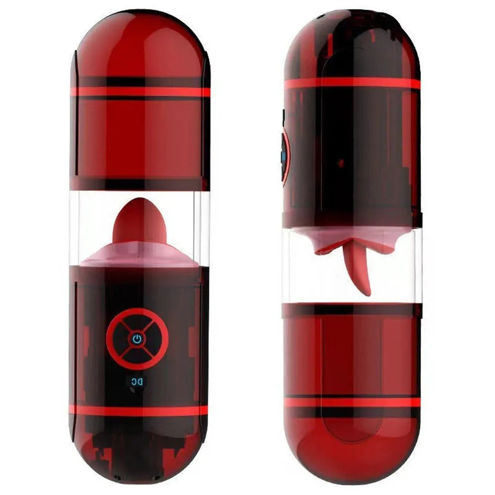 Deep Throat Fully Automatic Electric Masturbation Cup with 12 Vibration Dual Channel Tongue Licking, Water Spray Function Blowjob Toy