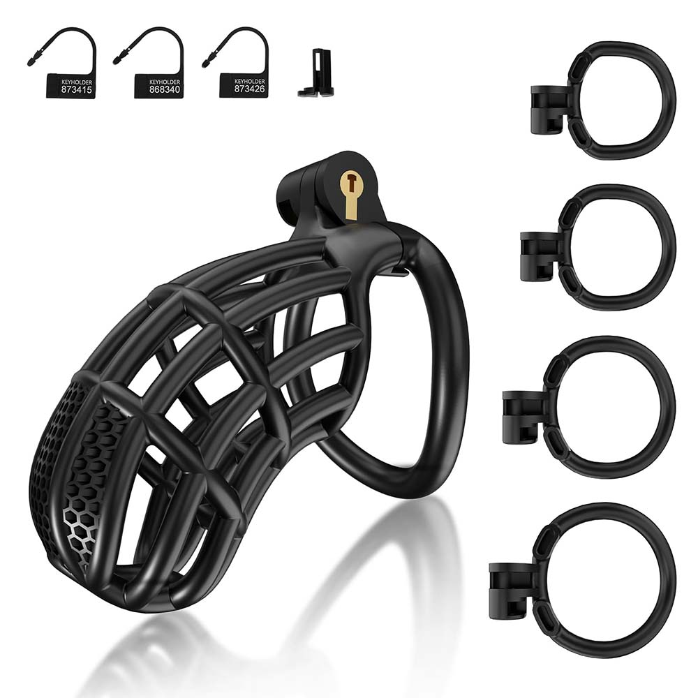 Male Chastity Device with 4 Size Rings and Hidden Lock