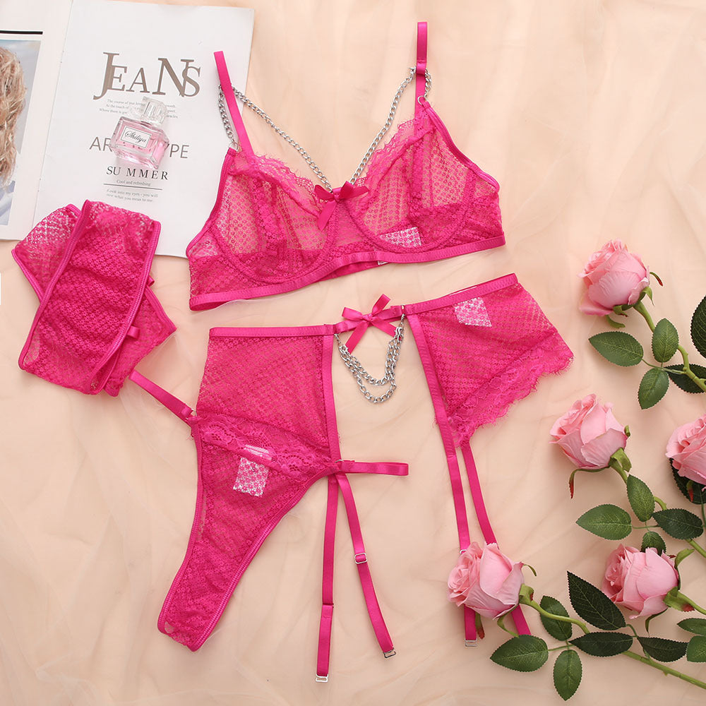 Sexy Underwear Mesh Splicing Lace Chain Butterfly Four Piece Set
