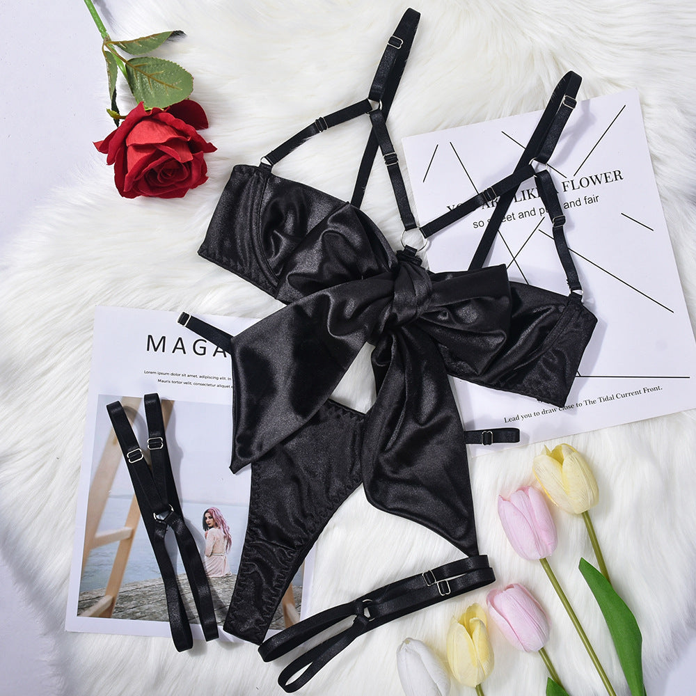 Bowknot Satin Sex Lingerie With Leg Rings