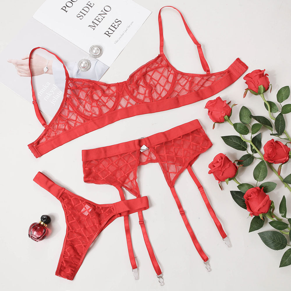 Sexy Erotic Lingerie Plaid Brief Sets Lace Bra And Panty