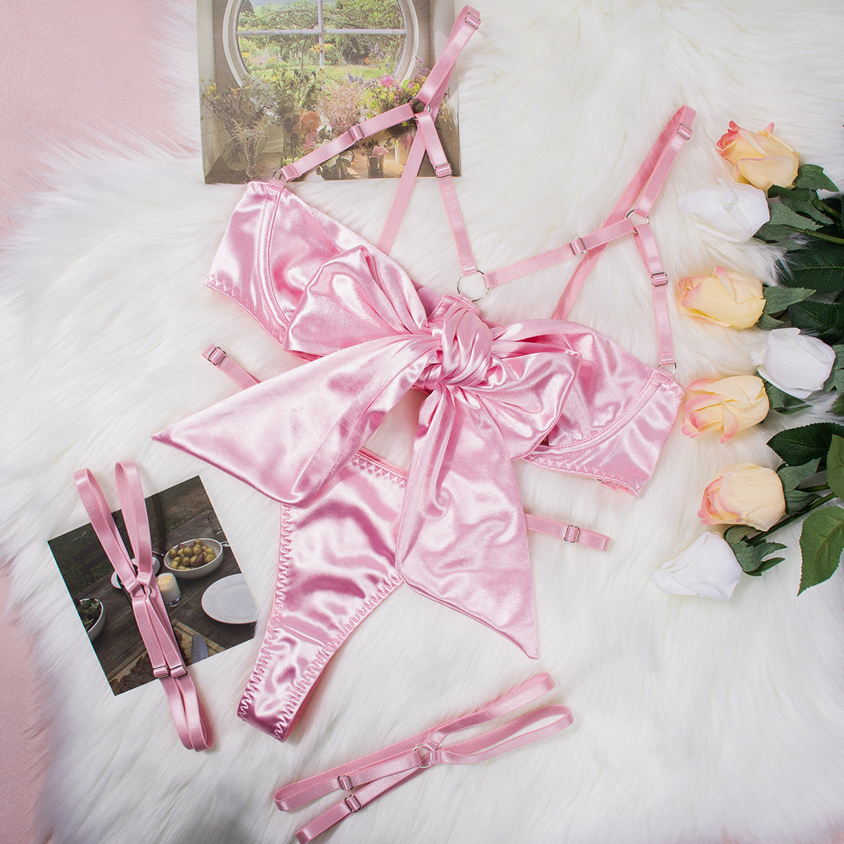 Bowknot Satin Sex Lingerie With Leg Rings