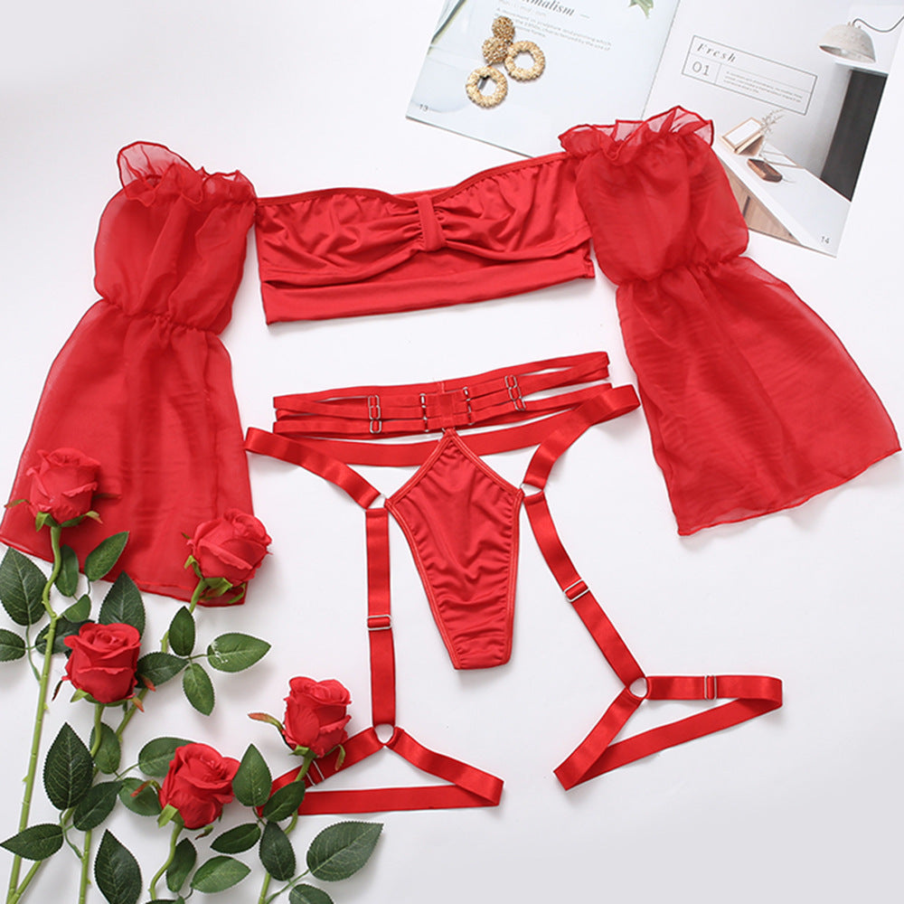 Off The Shoulder Collarbone Five Point Lace Sleeve Sling Fun Suit