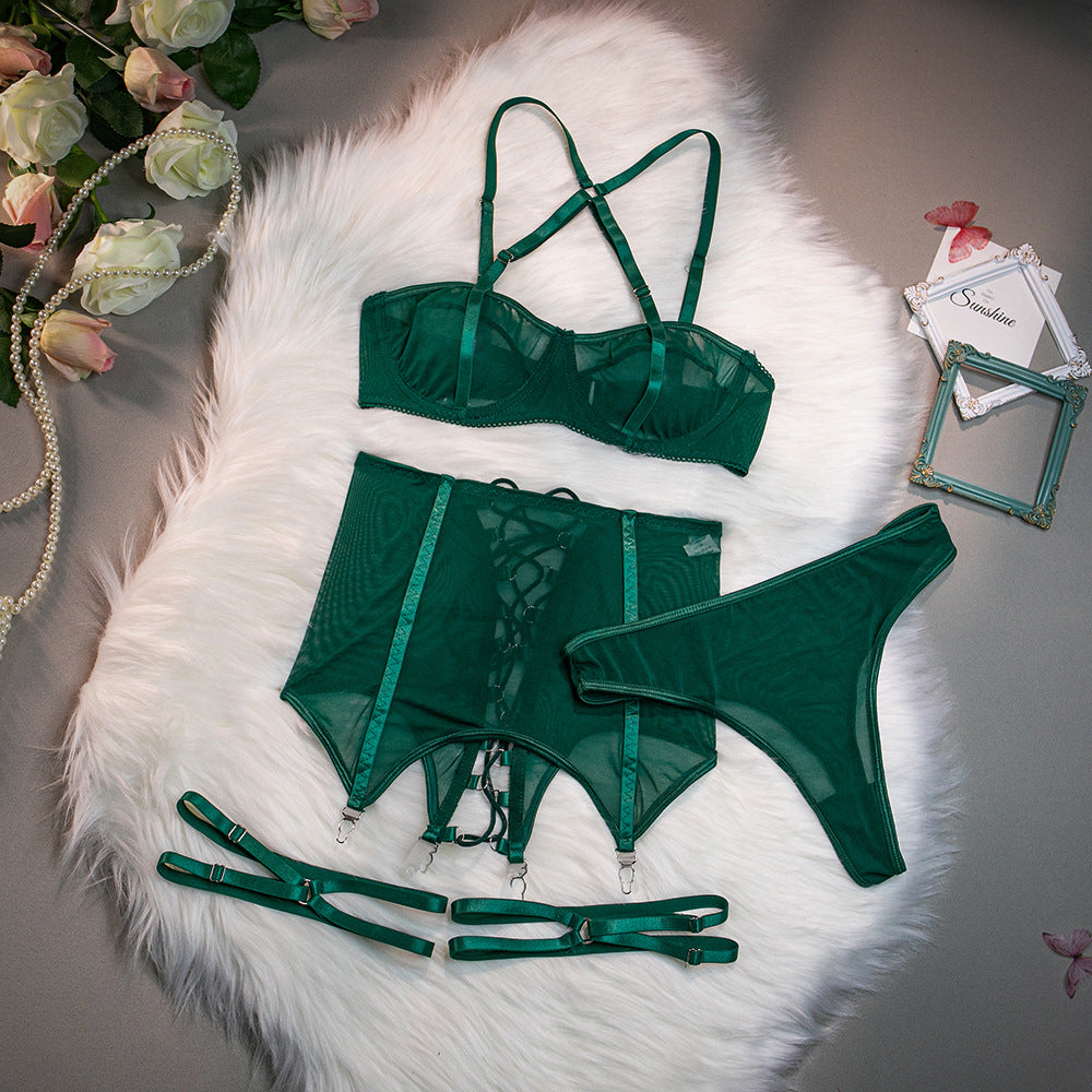 Sexy Underwear Cross Tie Hollow Out Three Piece Set