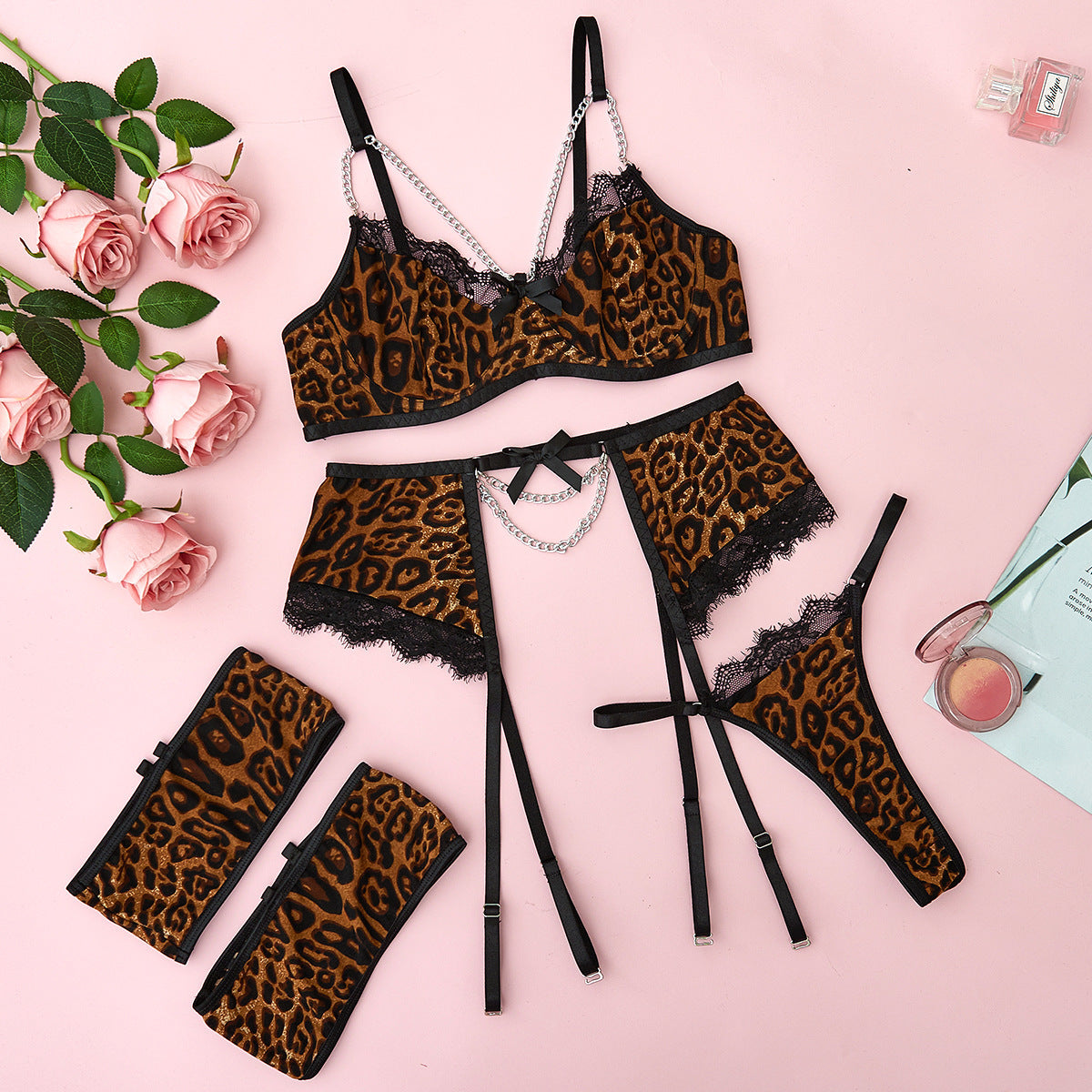 Sexy Underwear Mesh Splicing Lace Chain Butterfly Four Piece Set