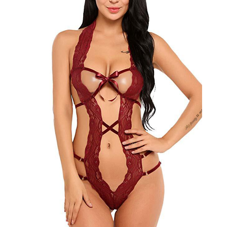 Women Deep V Halter Lingerie Teddy One Piece Bodysuit Lace Babydoll