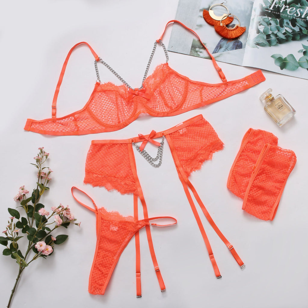 Sexy Underwear Mesh Splicing Lace Chain Butterfly Four Piece Set