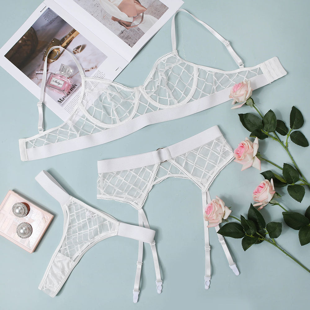 Sexy Erotic Lingerie Plaid Brief Sets Lace Bra And Panty