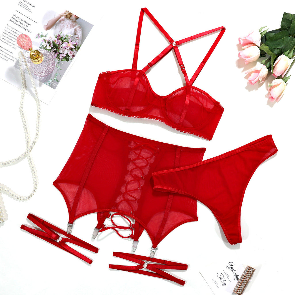 Sexy Underwear Cross Tie Hollow Out Three Piece Set