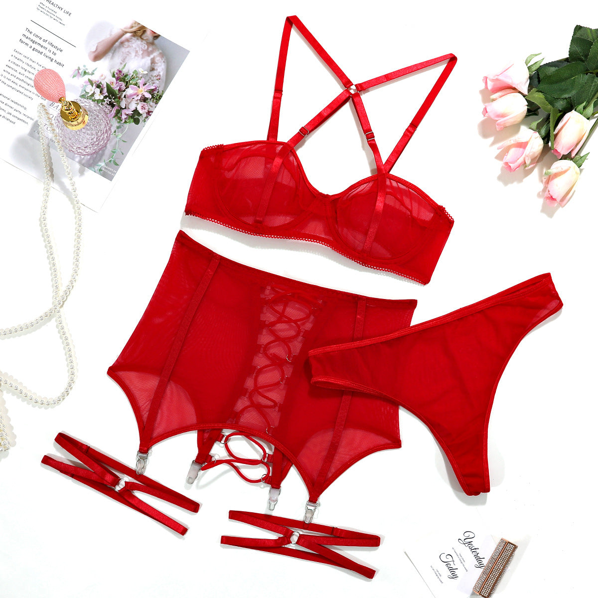 Sexy Underwear Cross Tie Hollow Out Three Piece Set