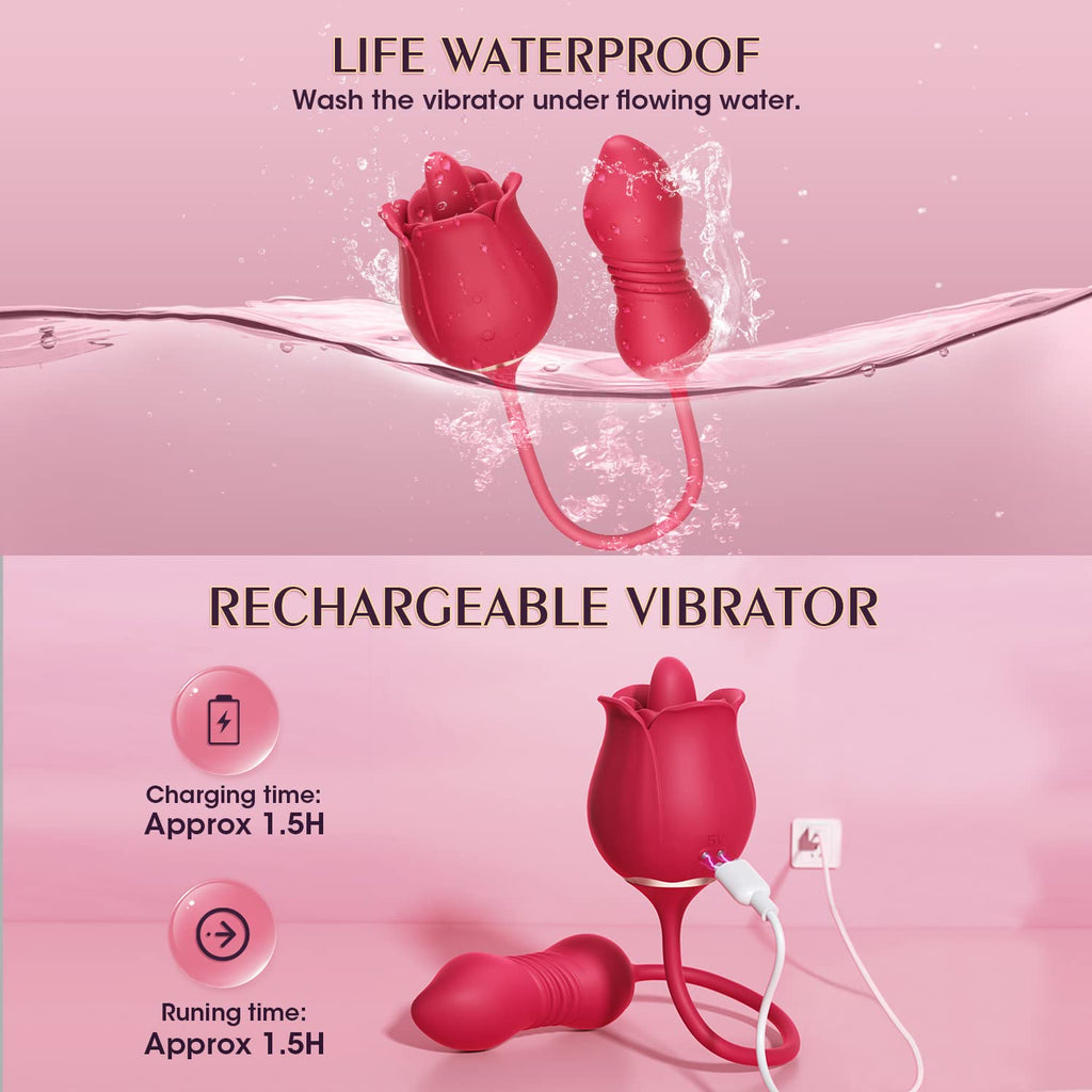 Rose Sex Toys Dildo Vibrator - 3in1 Adult Toys Sex Stimulator for Women with 9 Tongue Licking & Thrusting Dildo G Spot Vibrators