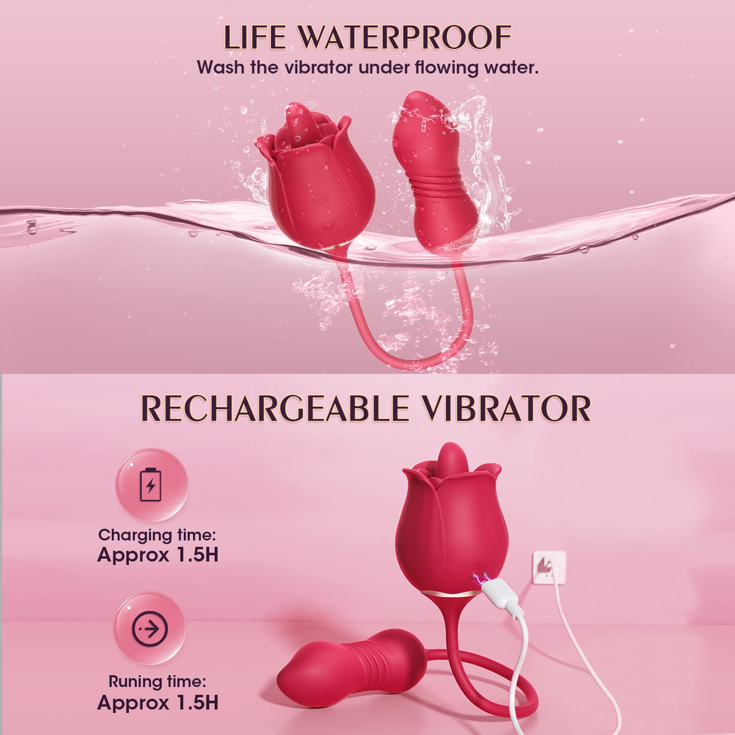 Rose Sex Toys Dildo Vibrator - 3in1 Adult Toys Sex Stimulator for Women with 9 Tongue Licking & Thrusting Dildo G Spot Vibrators
