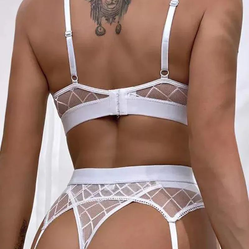 Sexy Erotic Lingerie Plaid Brief Sets Lace Bra And Panty